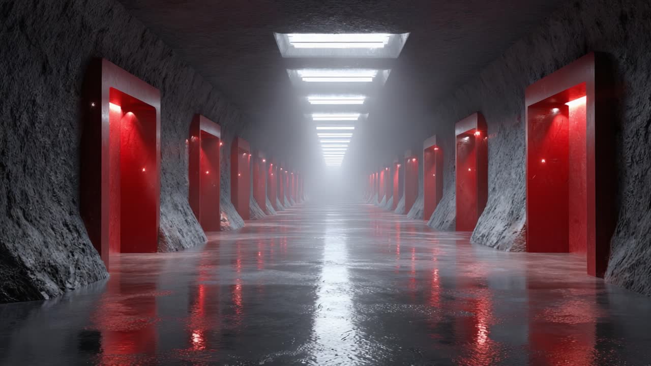 A mysterious corridor with reflective wet floors and striking red doors, enveloped in foggy light, creating an atmospheric sense of intrigue and suspense