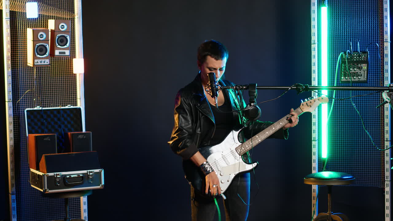 Musician Performing with Electric Guitar and Microphone