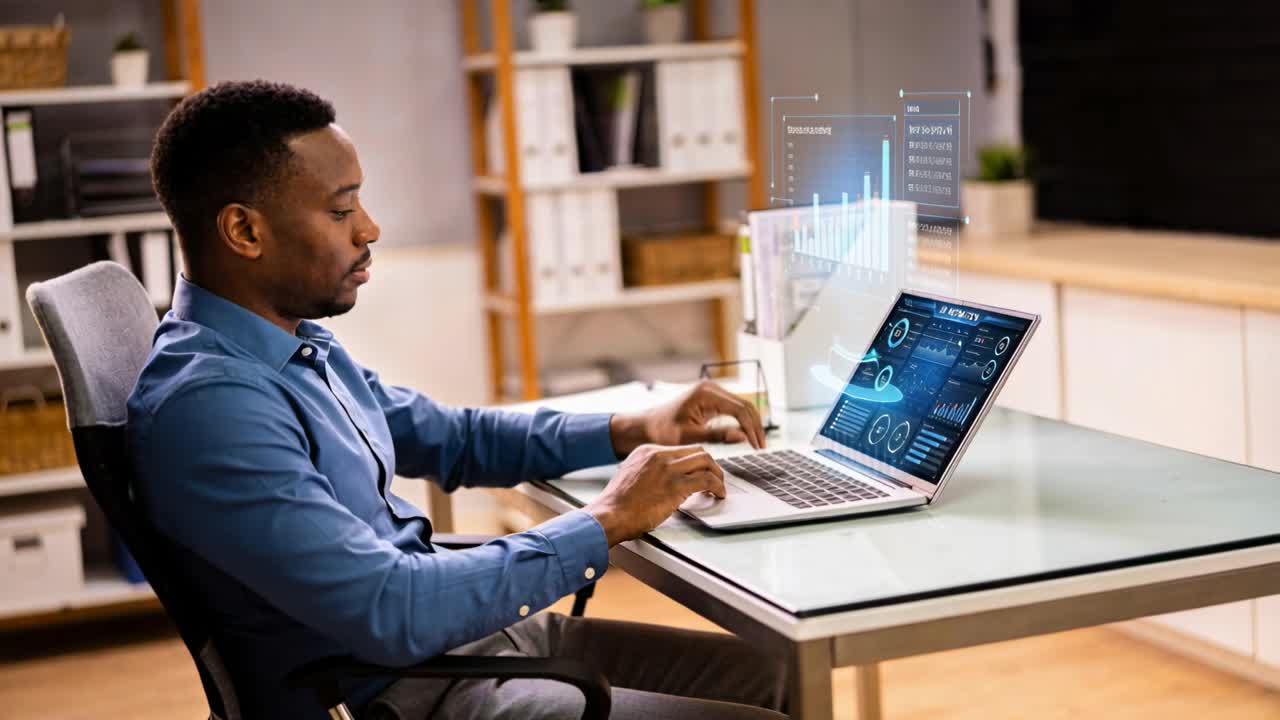 AI dashboard appearing, man in blue shirt alternating typing and gesturing on laptop analyzing data