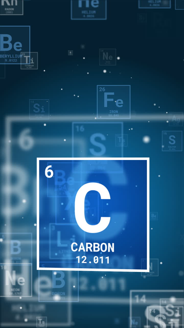 Carbon symbol chemical element of the periodic table. 3D loop animation icon on blue background. Vertical video.