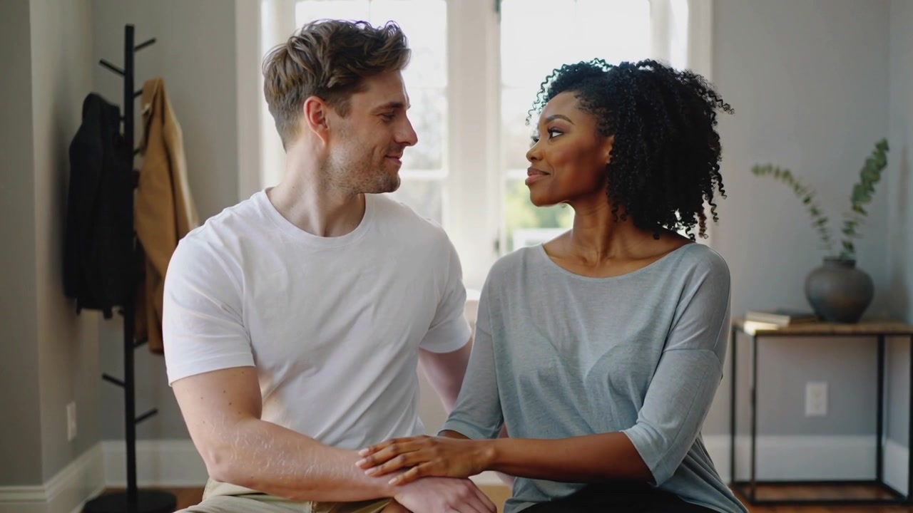 Exchanging glances, seated couple reaching hands on bench by window, seeking quiet reassurance