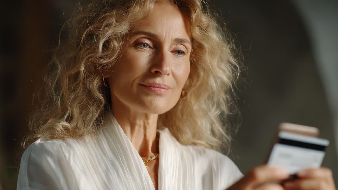 A Thoughtful Woman Examines a Credit Card in a Softly Lit Room, Demonstrating Curiosity and Intent Focus in a Cashless Transaction Setting