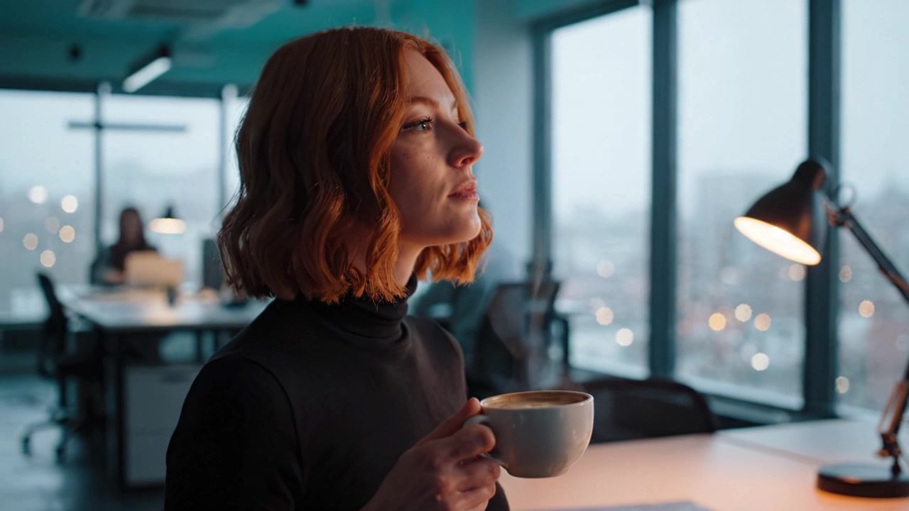 Uma mulher contemplativa desfrutando de uma xícara de café quente em um ambiente de trabalho moderno, olhando pensativamente por uma grande janela em um escritório aconchegante.