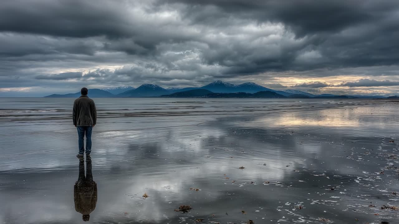 Una figura solitaria de pie en una playa tranquila, contemplando las montañas distantes y los cielos nublados dramáticos, reflexionando sobre el sereno pero poderoso paisaje natural que les rodea
