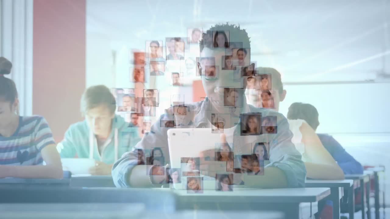 태블릿을 사용하는 다양한 학생들에 대한 데이터 처리 애니메이션