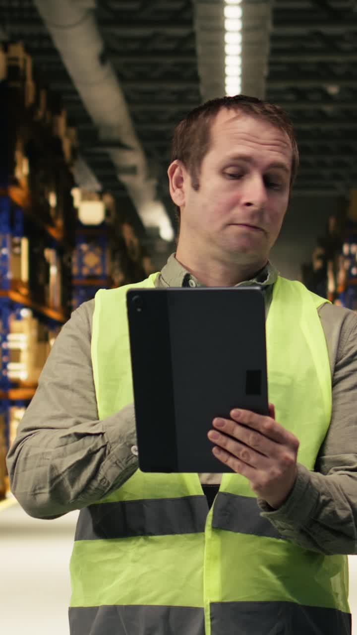 Video verticale: dipendente uomo in un affollato magazzino di produzione mentre controlla i pallet.