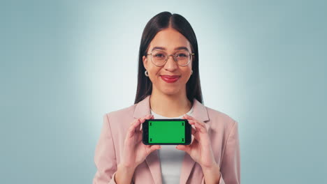 Happy,-news-and-green-screen-phone-by-woman