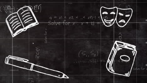 animación digital de iconos de conceptos escolares contra ecuaciones matemáticas en fondo negro