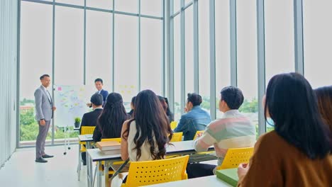 back view of people at a conference or presentation, workshop, master class, speaker giving a talk on corporate business event, seminar of business start up.