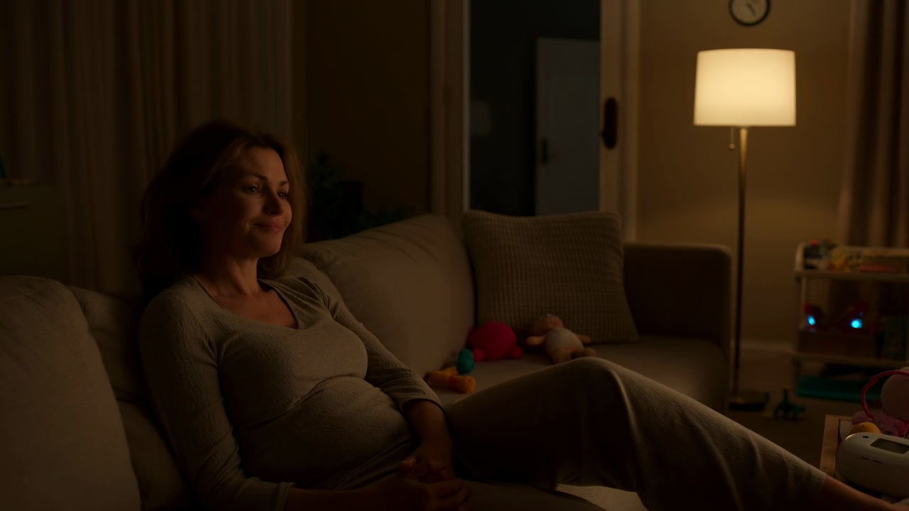 Pregnant Woman Rests On Couch At Night, Warm Lamp Casting Soft Glow, Breast Pump And Monitor On Side Table,