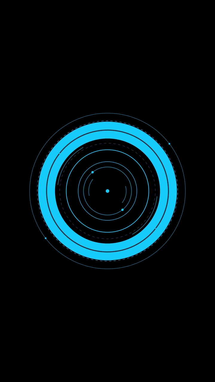 Display heads-up astratto con cerchi concentrici blu luminosi, punti dati e marcatori. Loop senza interruzioni per fantascienza, tecnologia o visualizzazione dati. Isolato su sfondo nero, formato verticale