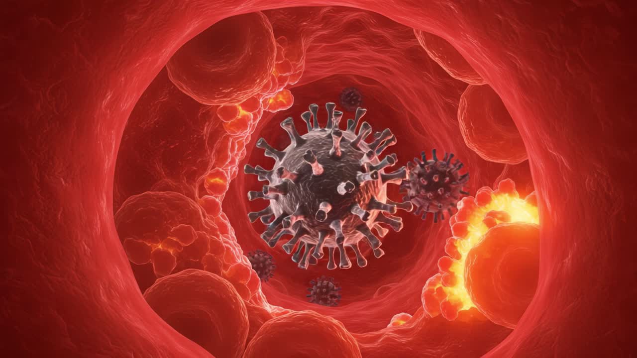Imagery Capturing the Intricate World of Viral Particles Inside a Bloodstream, Highlighting Cellular Interactions and the Microenvironment of Pathogens