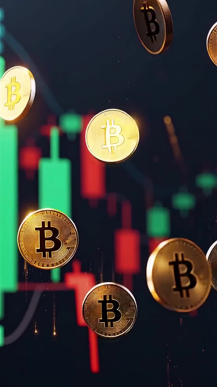 Moedas de Bitcoin douradas com fundo de gráfico de velas desfocado 4K
