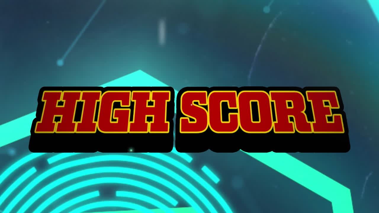 Animation of pink metallic text high score over explosion and shapes on purple