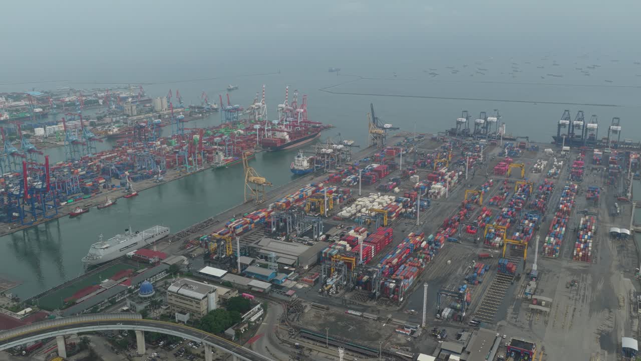 Overhead aerial of major container harbor and logistics hub in Jakarta