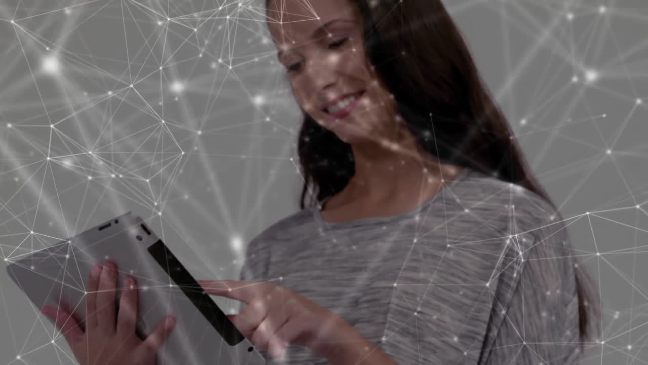 Animation of network of connections over caucasian woman using tablet