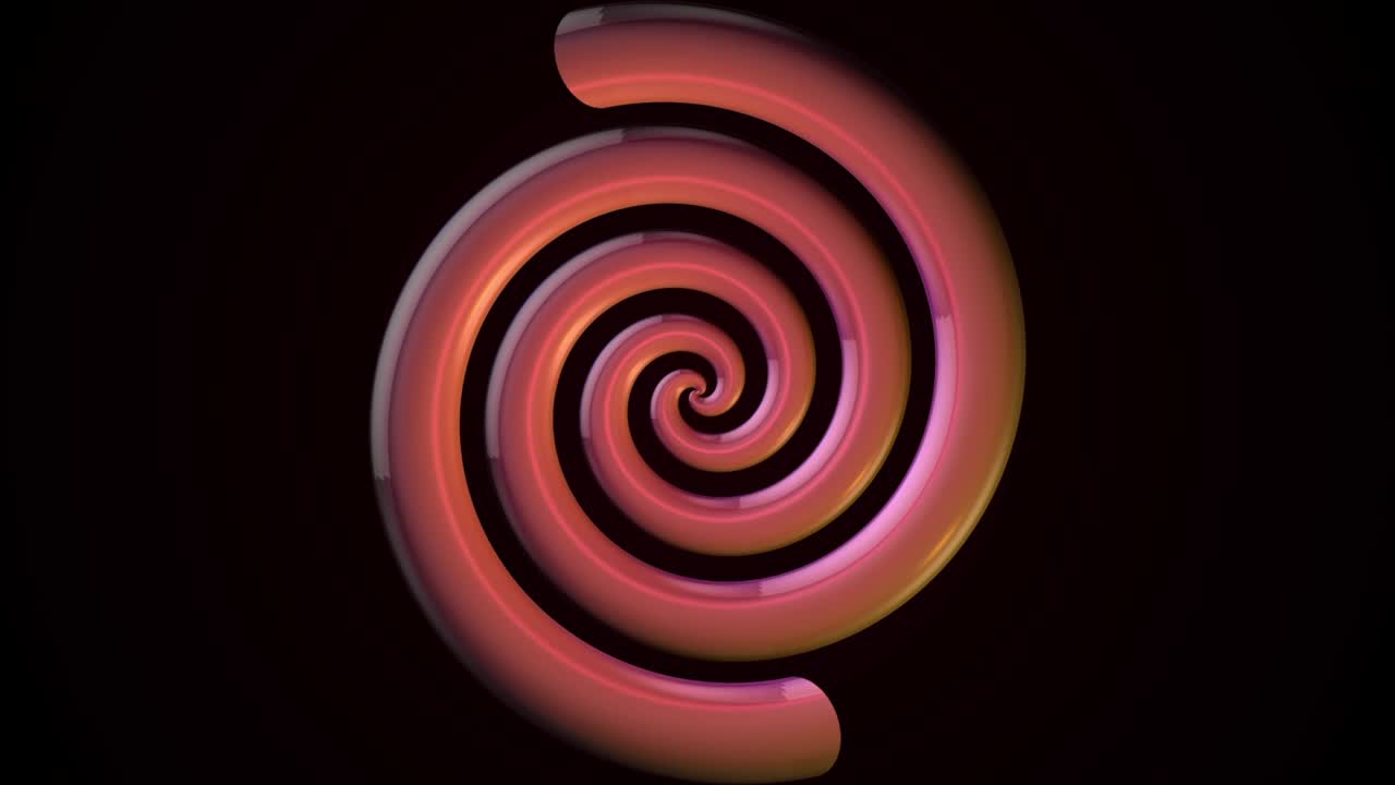 검은색 배경에 회전하는 3d 화려하고 매끄러운 다채로운 나선형의 추상적인 애니메이션. 간단한 기하학적 구성.