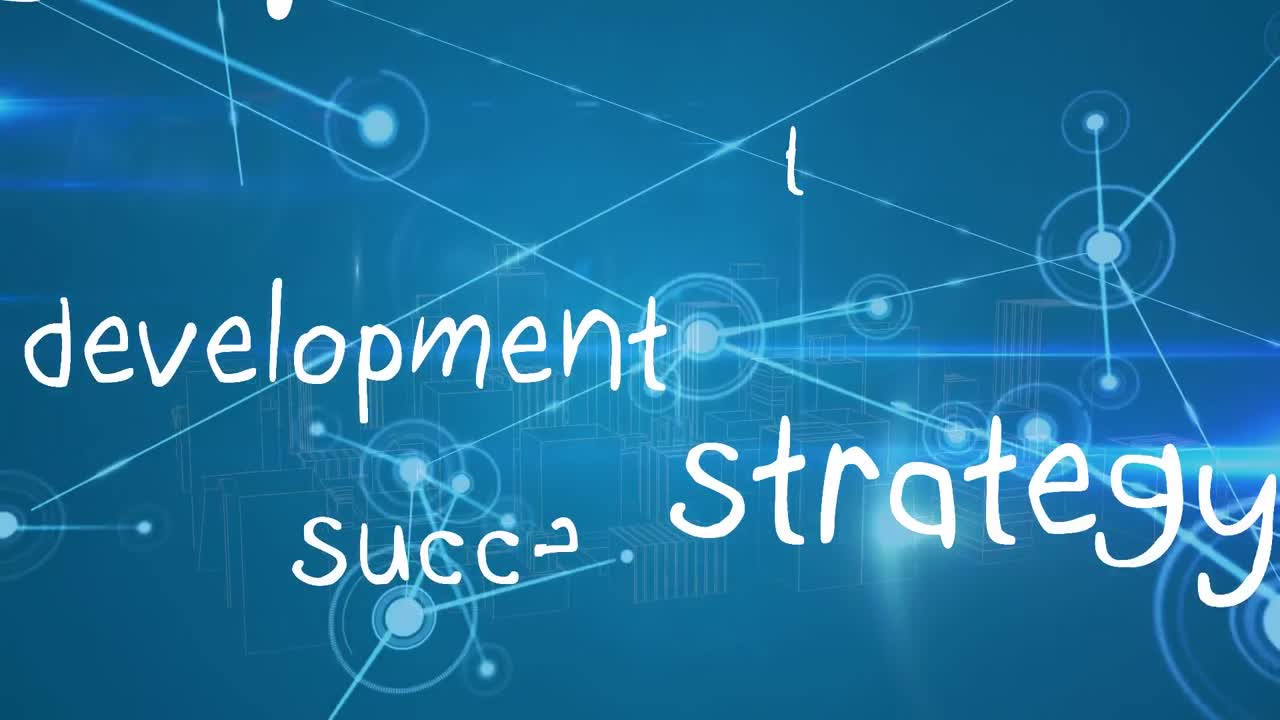파란색 바탕에 연결 네트워크와 디지털 도시 풍경을 통해 비즈니스 텍스트의 애니메이션