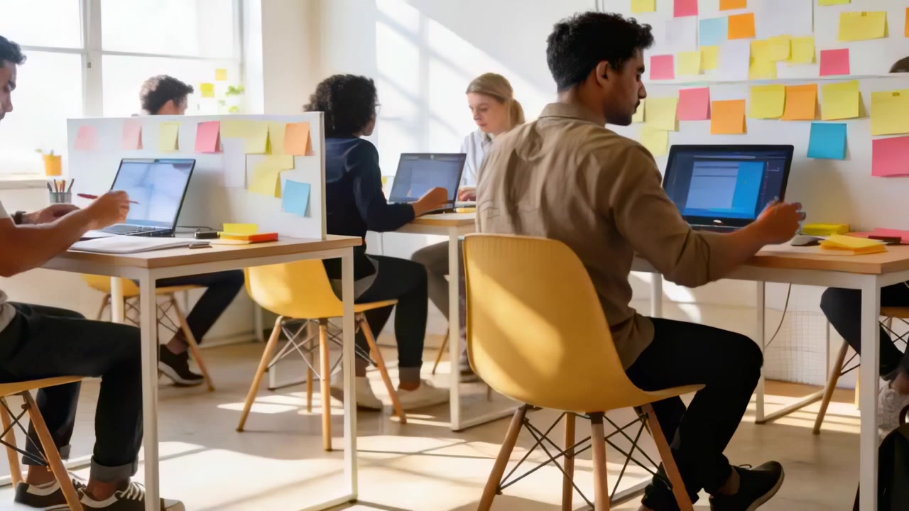 Typing team of four writing and using laptops in open office with sunlight streaming, sticky notes