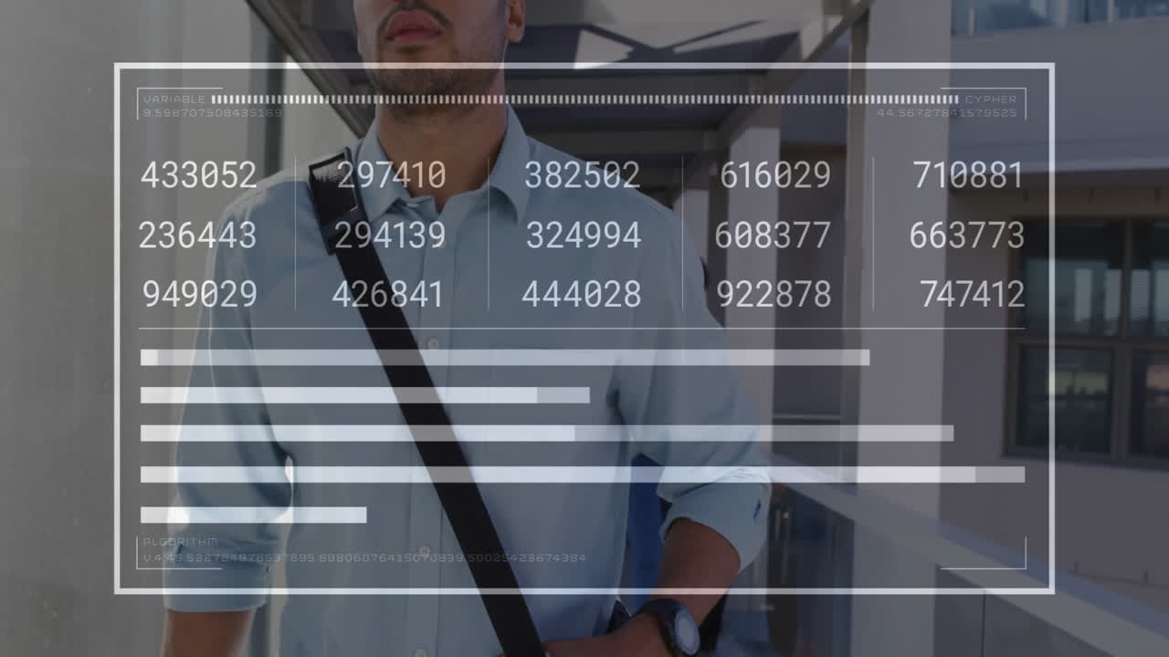 Walking business professional with data processing overlay, numbers, and graphs visible