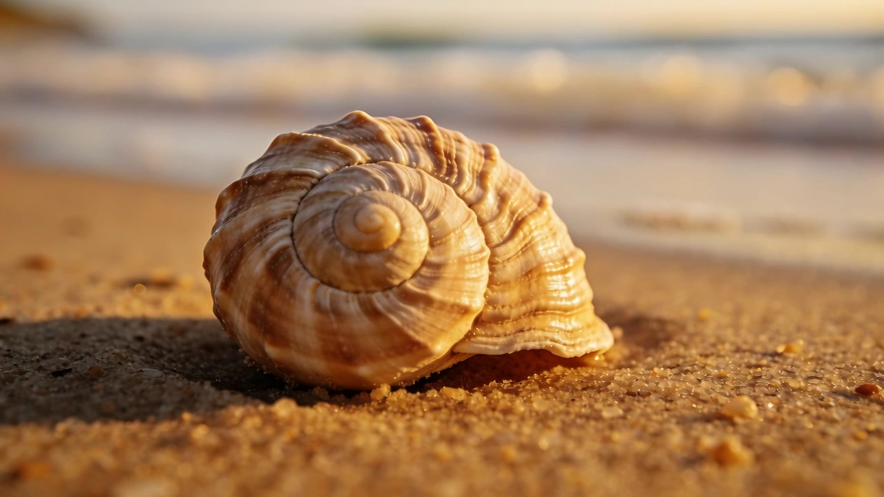 Glowing spiral seashell catching sunlight on waterline as gentle wave approaching, leaving foam