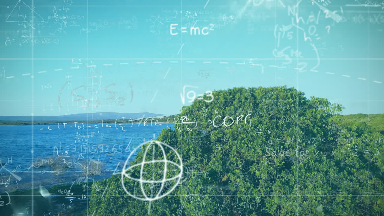 수학적 방정식과 과학적 기호, 물과 함께 푸른 풍경에 대한 애니메이션