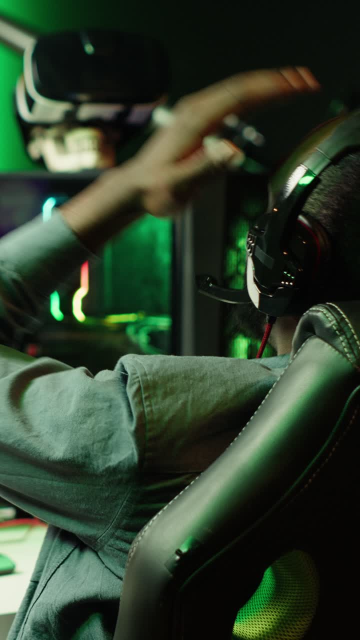 Vertical video Gamer losing intense singleplayer spaceship arcade racing videogame