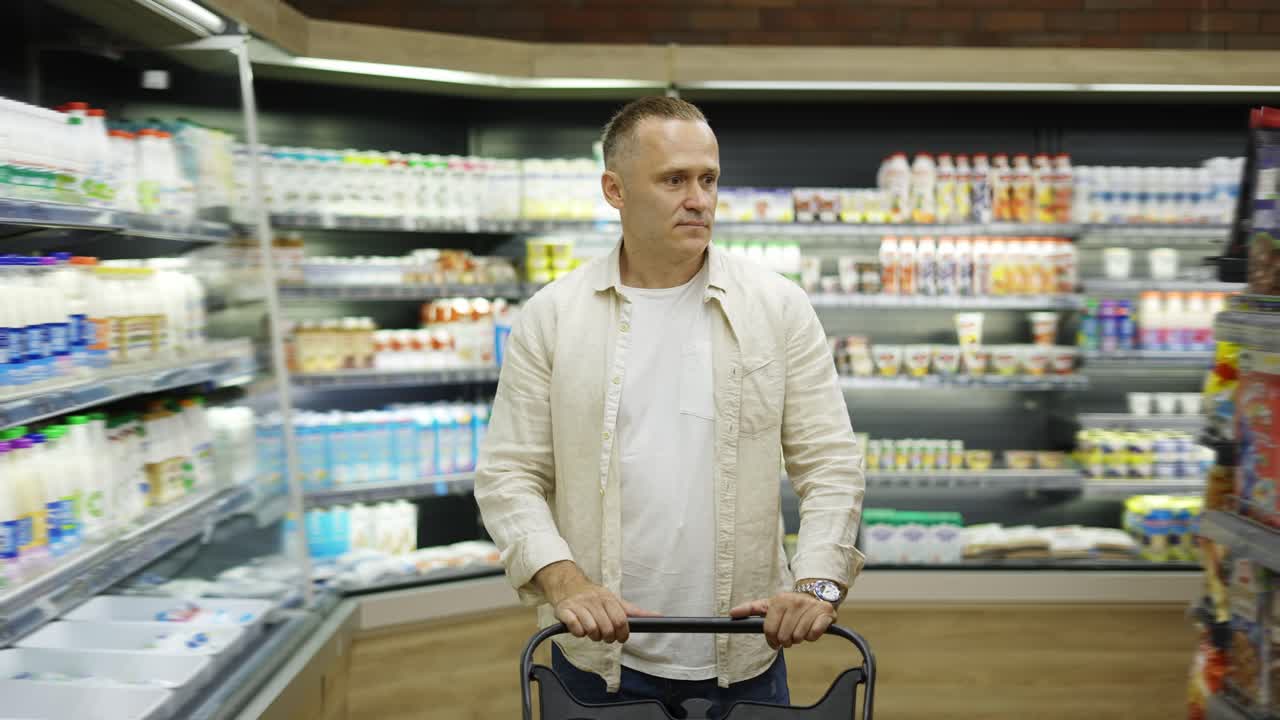 가게 가게로 가는 중년의 방문객이 마차를 타고 식료품 가게의 창문을 따라 걸어가고 있습니다.