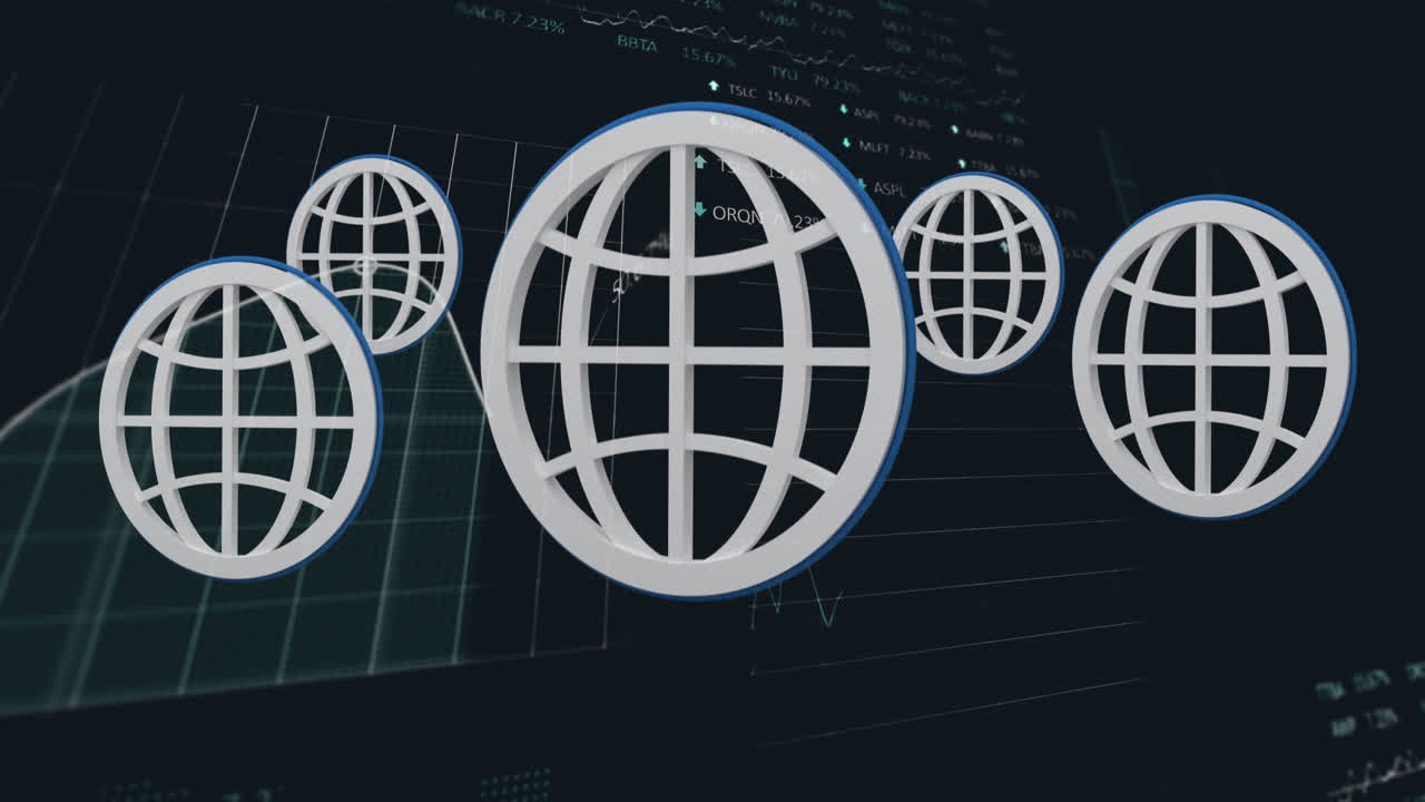 Multiple web icons against statistical and stock market data processing on black background