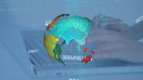 animación de números cambiantes y globo con red de conexiones a través de computadora portátil