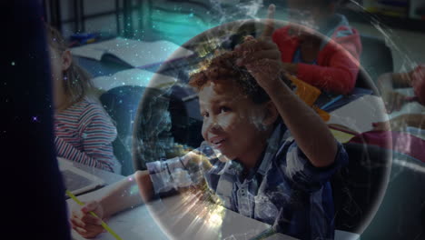 animación de redes de conexiones y globo sobre diversos escolares en el aula