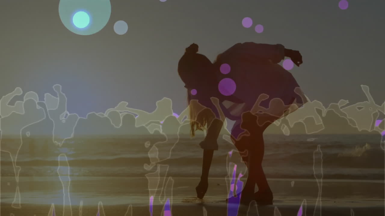 Silhouette of person on beach with colorful abstract animation overlay