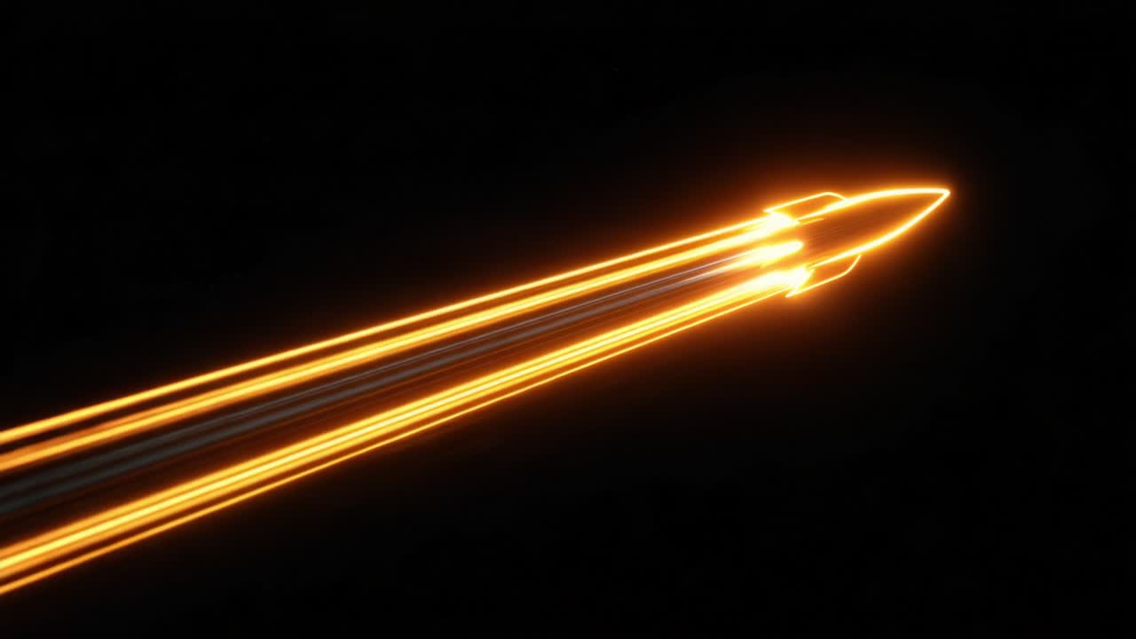 Un razzo arancione neon che viene lanciato nell'oscuro abisso dello spazio, lasciando dietro di sé una scia di strisce di luce incandescente, a simboleggiare l'innovazione, le iniziative startup e il progresso tecnologico futuro