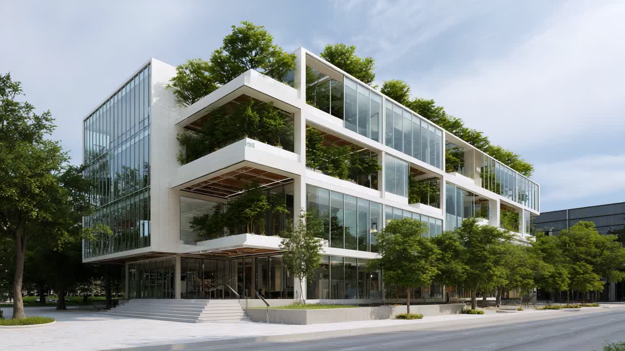 Diseño arquitectónico moderno con un edificio ecológico sostenible con abundantes fachadas de cristal rodeado de árboles frondosos y un entorno urbano acogedor