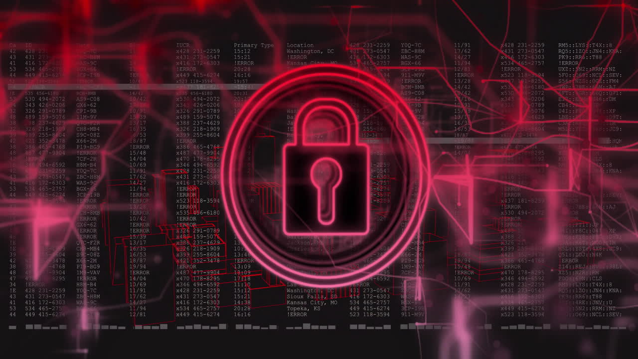 animación del icono del candado sobre el procesamiento de datos en fondo negro