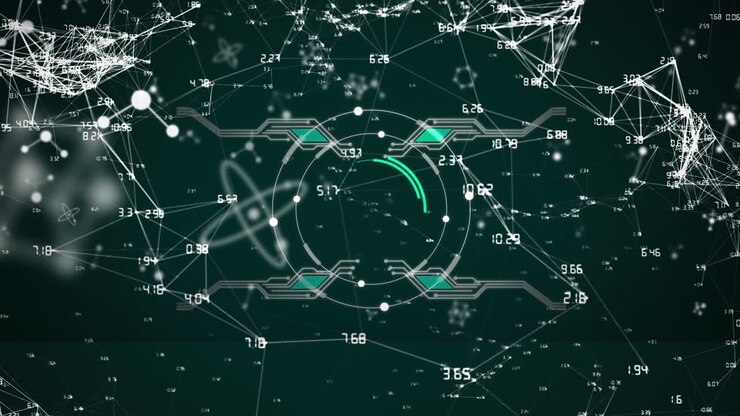 Animation of network of connections with molecules in digital black space