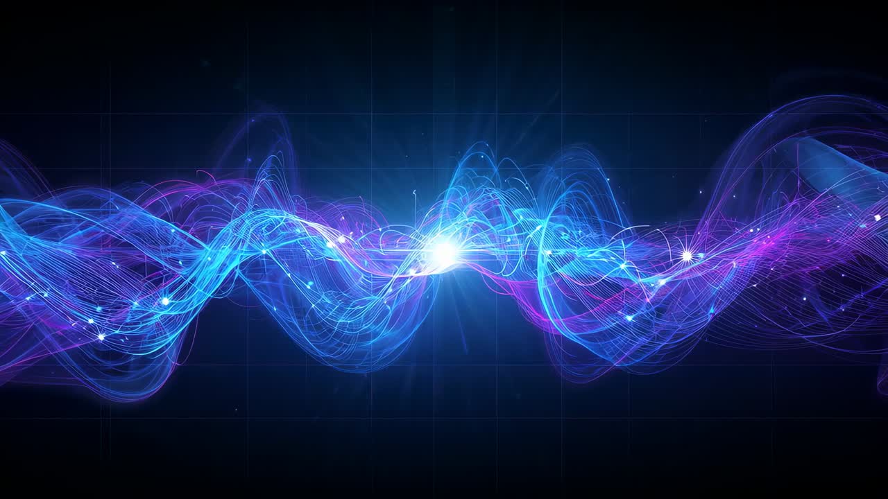 Flowing woven ribbons shifting hue, pulsing flare, emitting sparks with sequence starting in grid