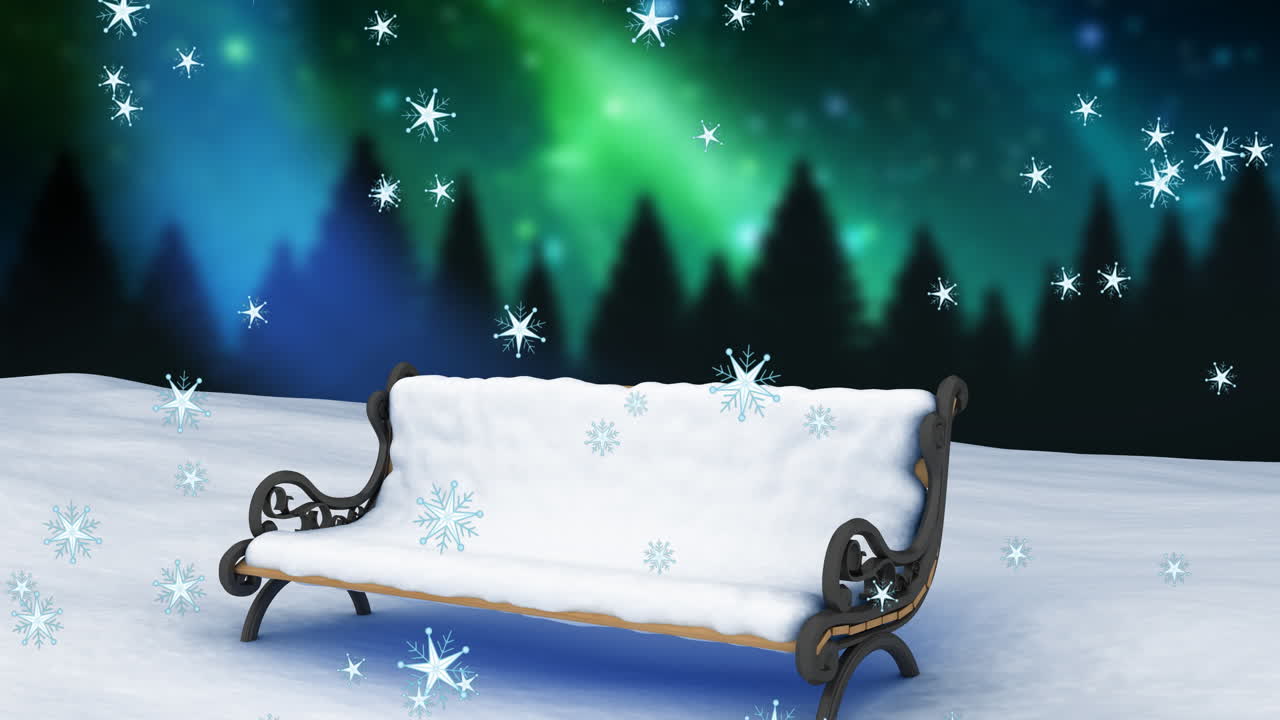 밤하늘을 배경으로 겨울 풍경에 벤치 위로 떨어지는 눈송이의 디지털 애니메이션