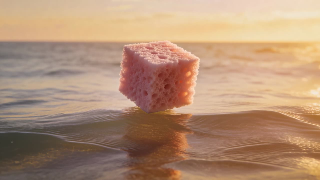 Fremvoksende rosa porøs kube beveger seg mot havet ved solnedgang, legger seg i svev og reflekterer på vannet