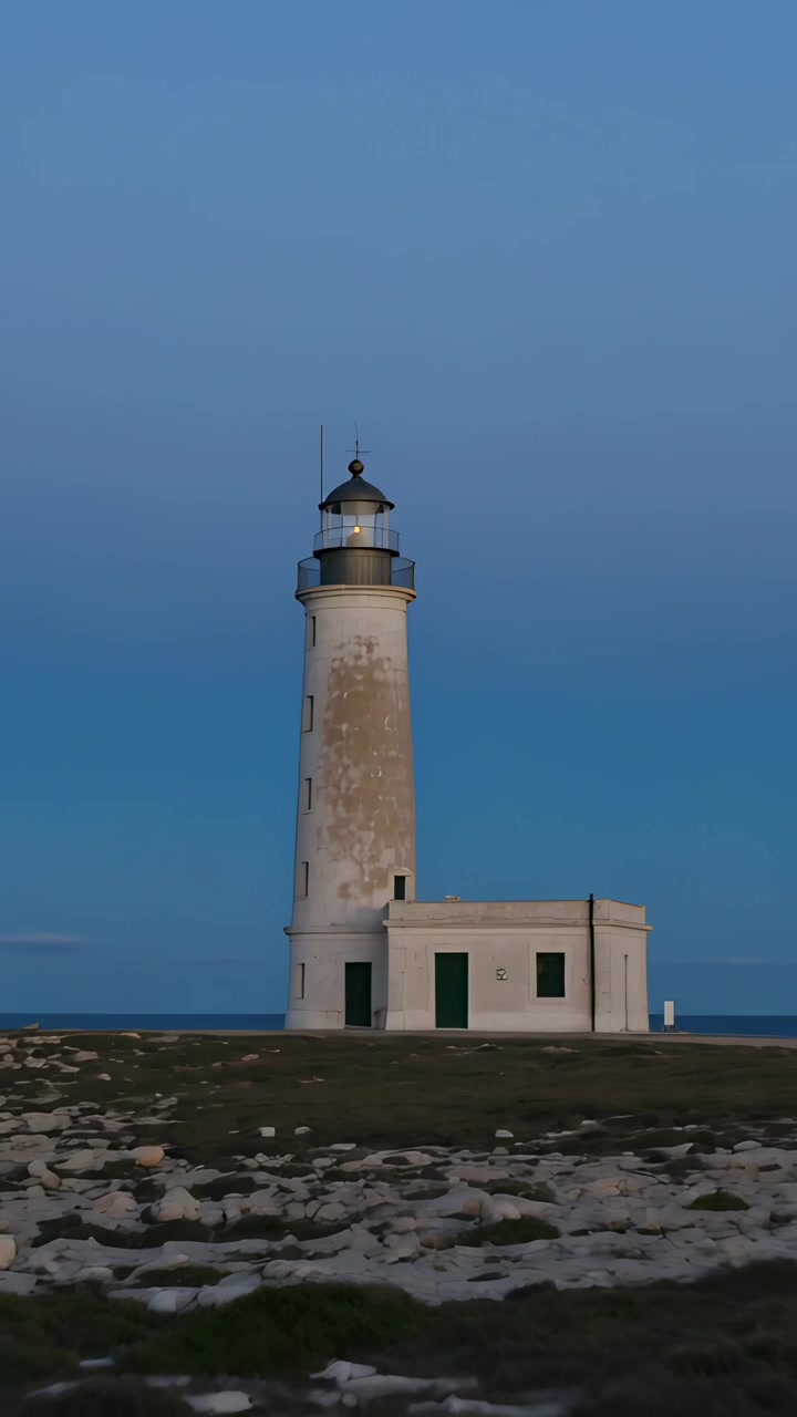Video verticale: Telecamera panoramica che mostra un faro con edificio alla base su costa rocciosa al crepuscolo