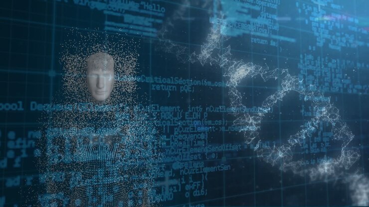 Animation of dna strand over data processing and human model on black background