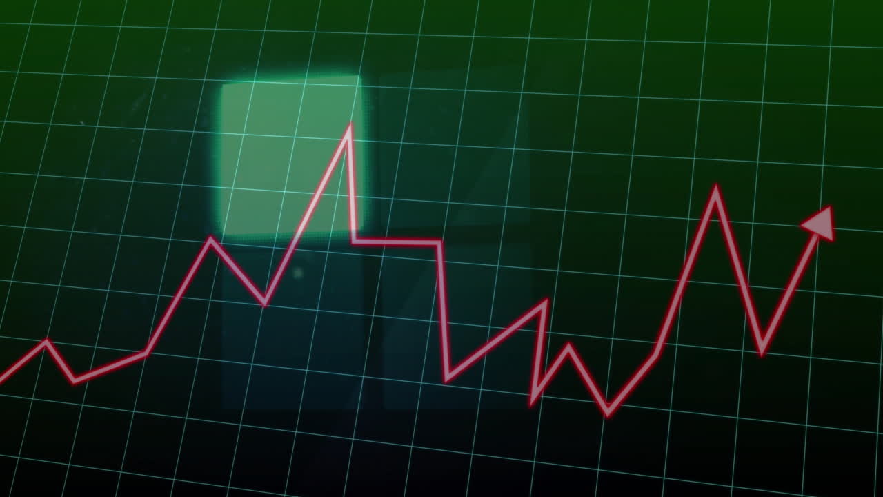 Animation of rising red line graph on green grid showing financial growth