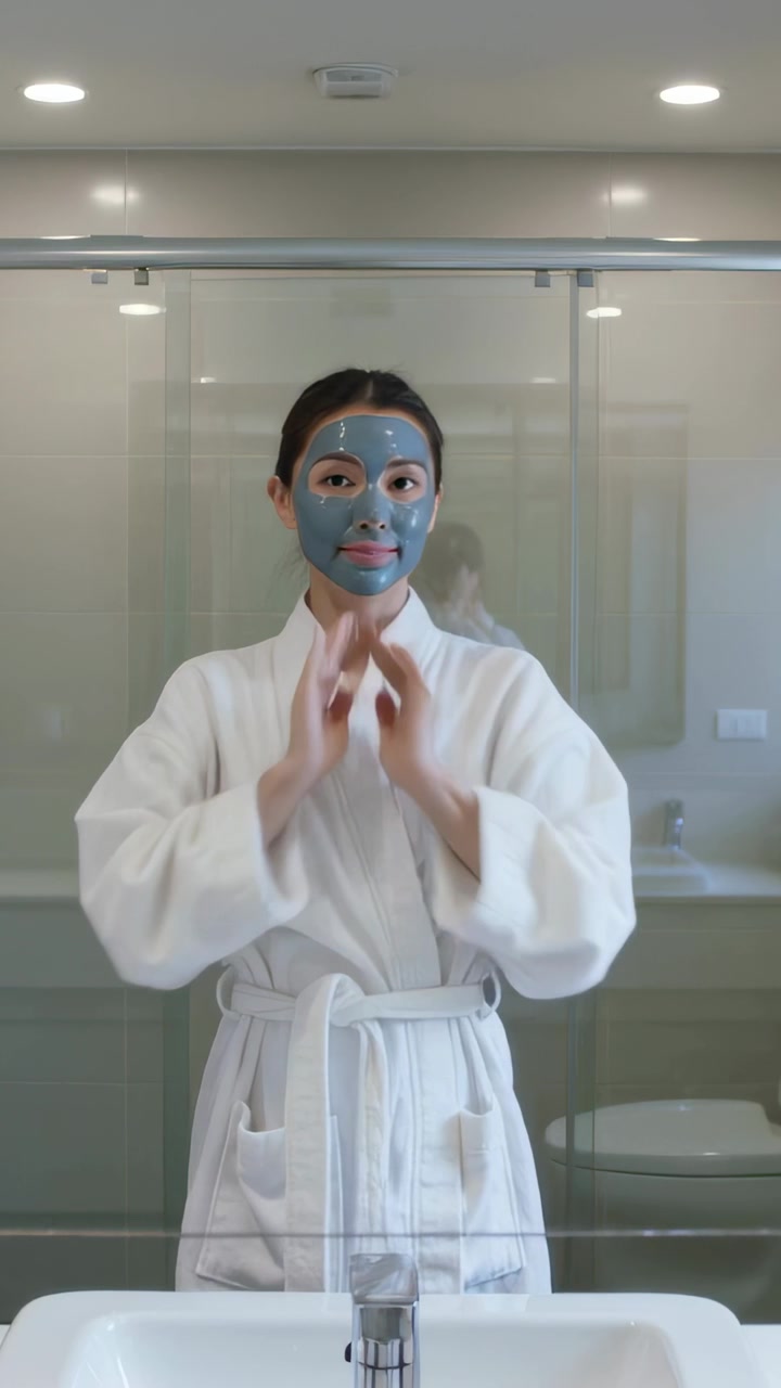 Video vertikal: Wanita berjubah mandi handuk putih meratakan masker wajah biru di wastafel, lalu menunggu.