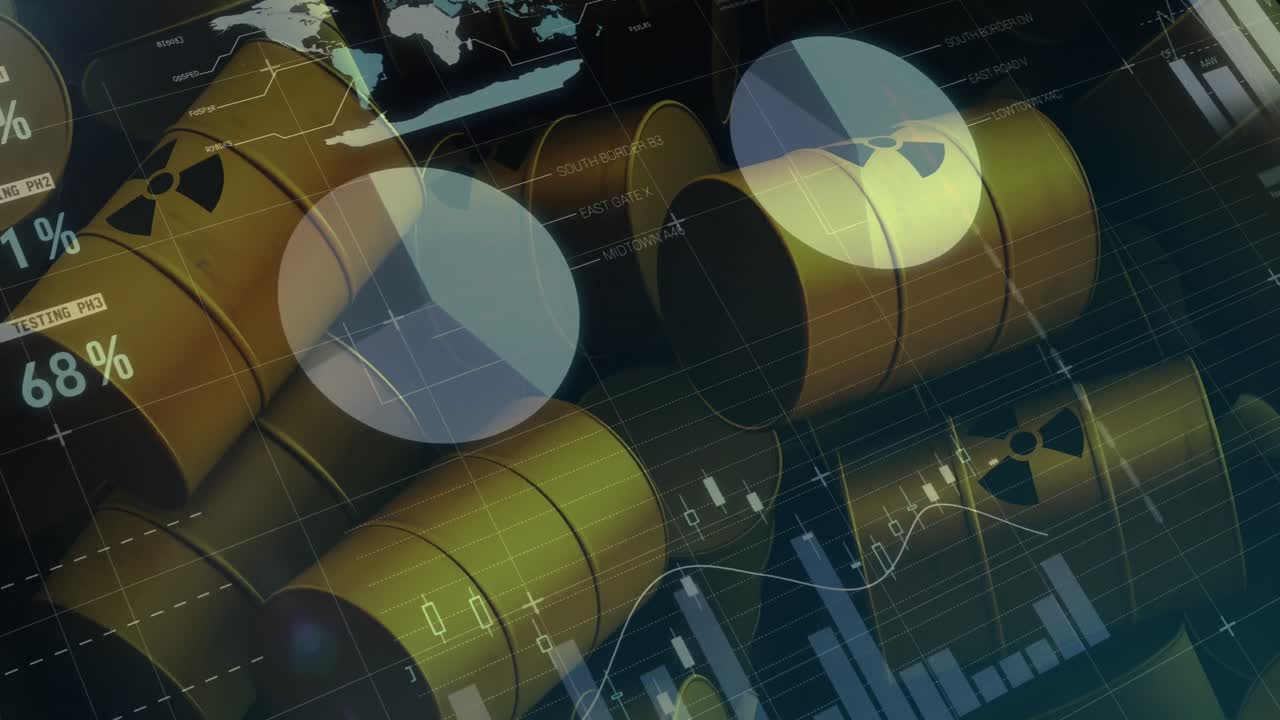 Animation von Finanzdatenverarbeitung über Fässern mit radioaktivem Symbol