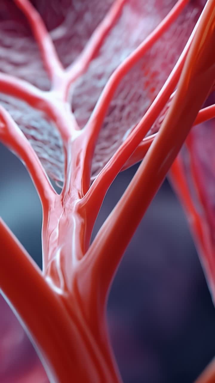 Primer plano de intrincadas estructuras vasculares rojas ilustrando la detallada red de capilares y venas, exhibiendo formas y texturas orgánicas con vívido detalle