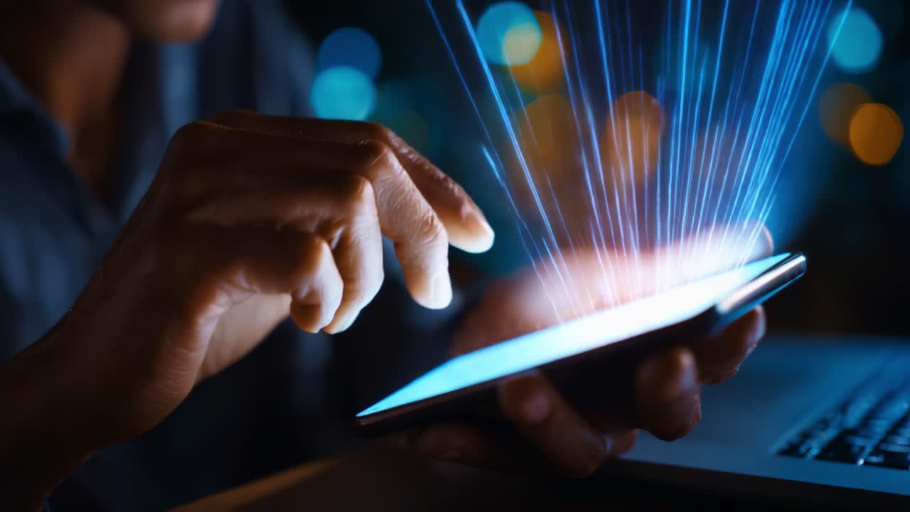 A user interacts with a smartphone, triggering a dazzling display of lights and effects, showcasing the dynamic fusion of technology and creativity in modern communication