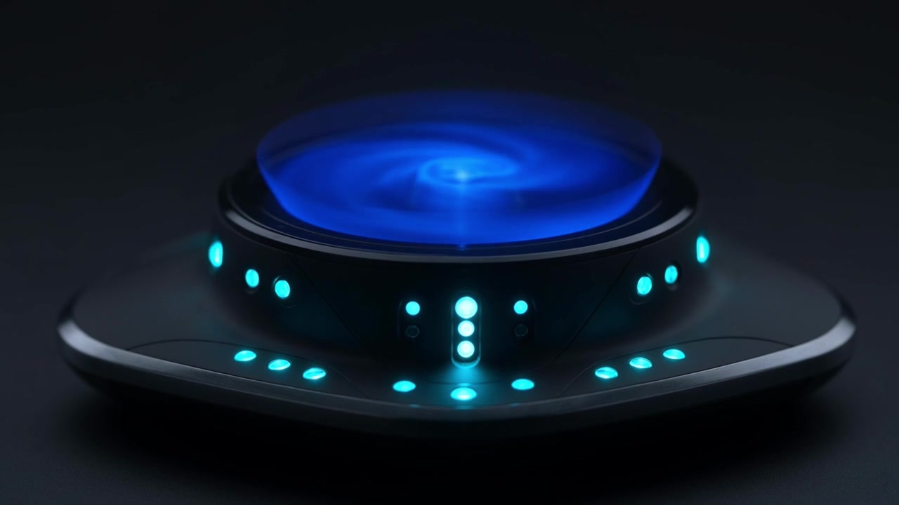 Futuristic Device with Swirling Blue Light and Pulsating Turquoise Buttons