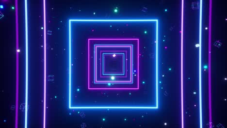 un túnel interminable de cuadrados de neón multicolores luminosos para videos musicales, clubes nocturnos, pantallas led, espectáculos de proyección. espectro de luz púrpura azul ultravioleta moderno. bucle sin costuras 3d render