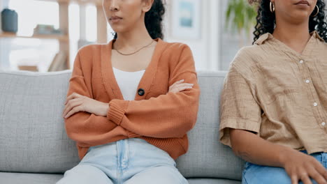 fight, arms crossed and lesbian couple on a couch