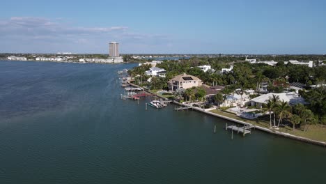 aerial of st. armands key turning to view downtown sarasota